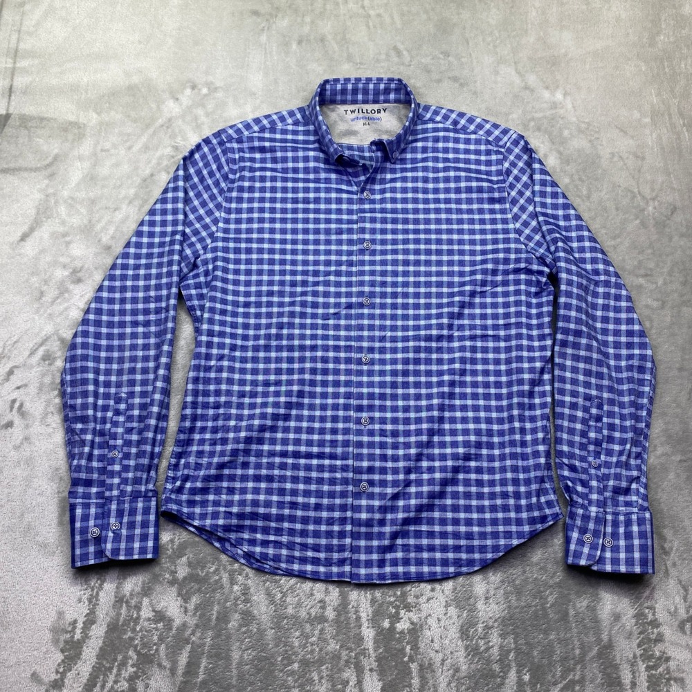 Twillory Untuckable‎ Mens Blue Gingham Performance Button Down Shirt M-L 7947